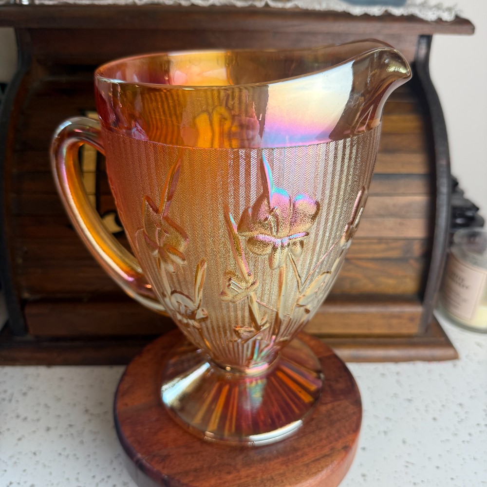 Jeannette Glass Iris and Herringbone Marigold Carnival Glass Pitcher - DANA
