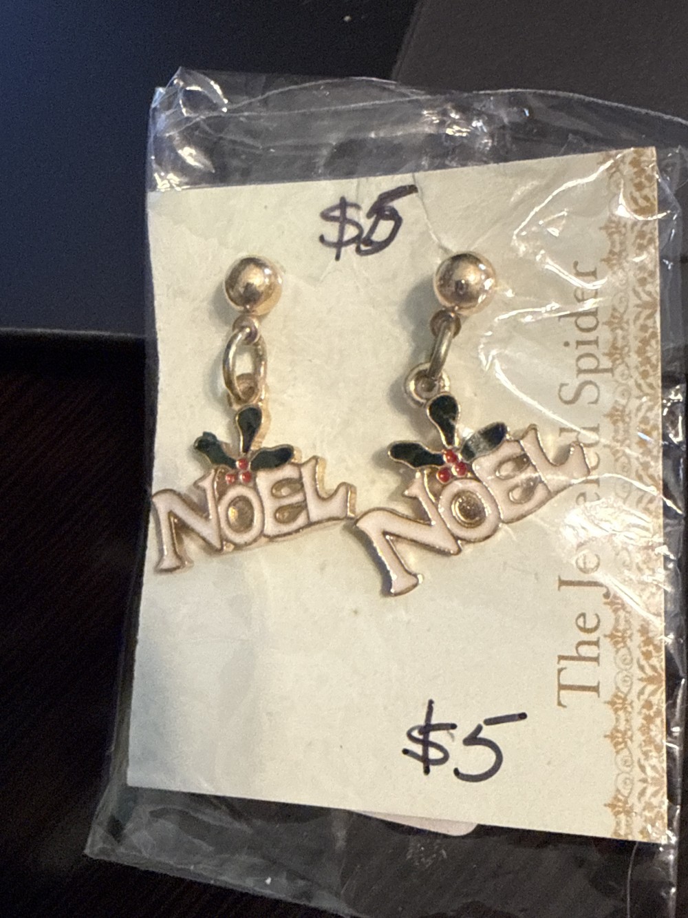 Stud Earrings - Noel with Christmas Holly in Gold and Enamel