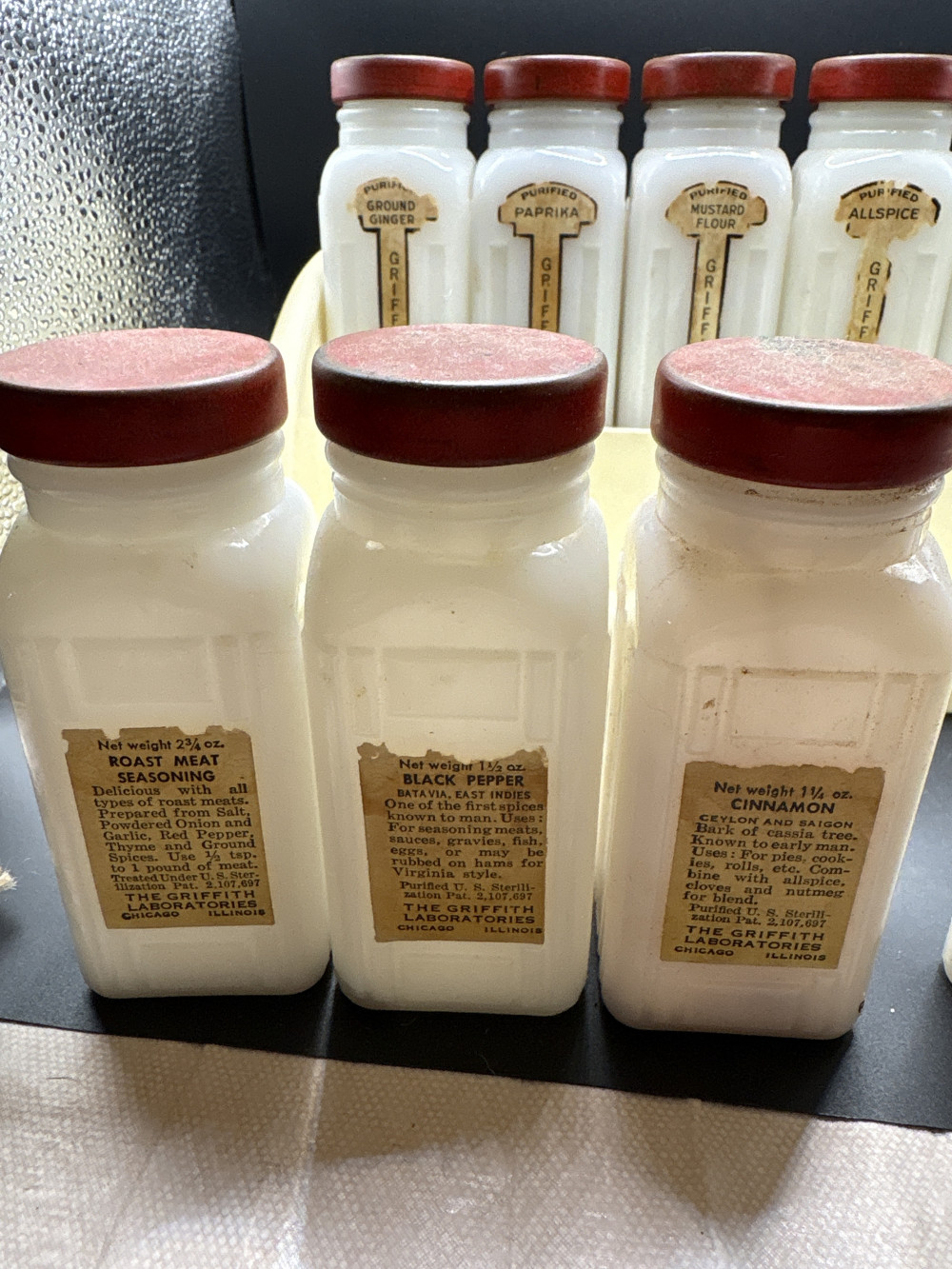 Griffiths Milk Glass 12 Spice Jars With Rack - Vintage