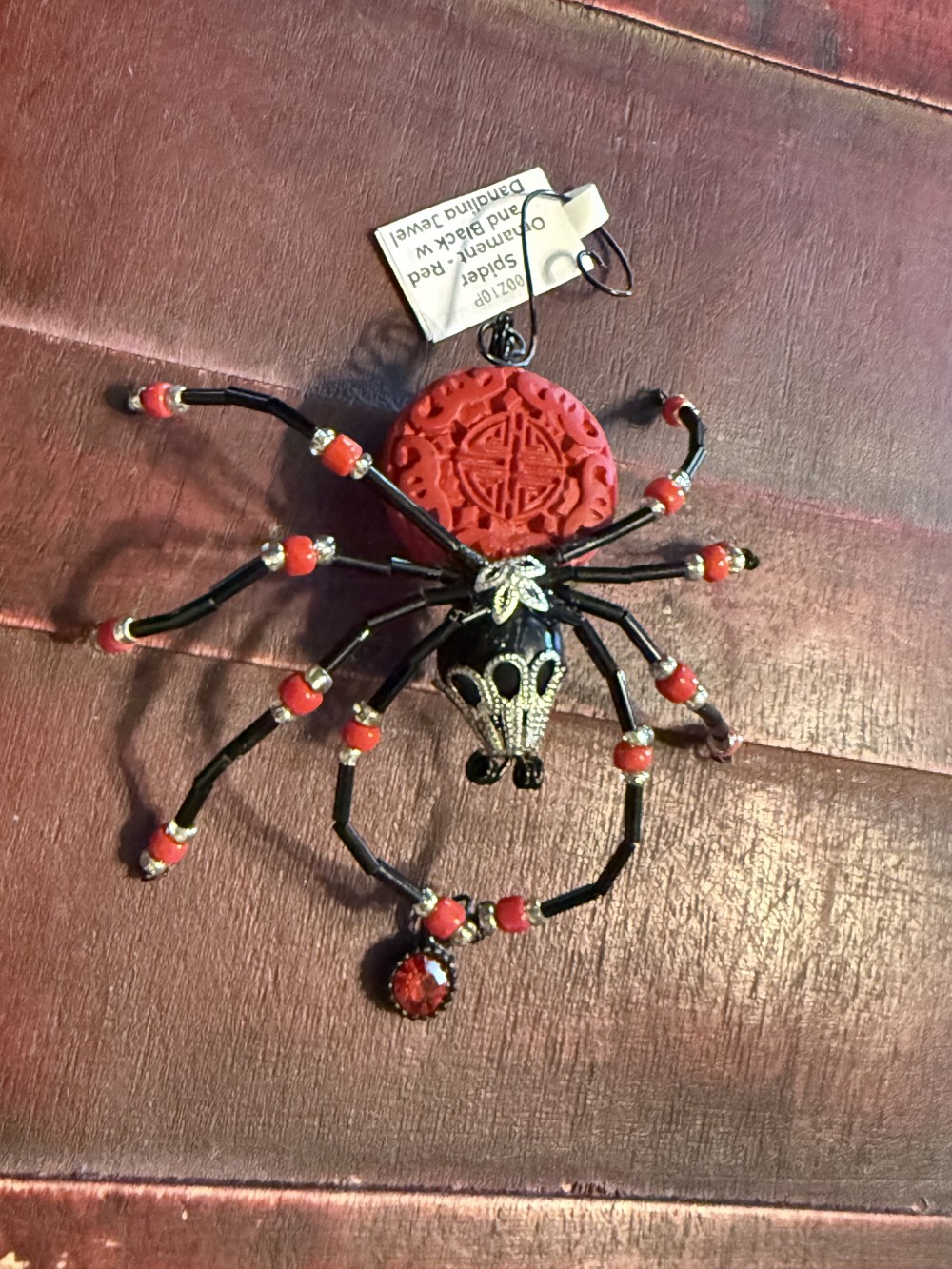Spider Ornament - Red and Black w Dangling Jewel