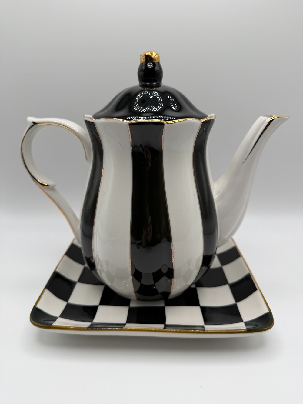 Grace Teaware Black and White Striped Scallop Porcelain Teapot