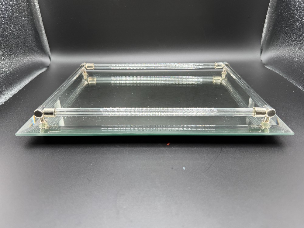 Mirrored Vanity Tray with Glass Rod Rails & Chrome Trim Vintage