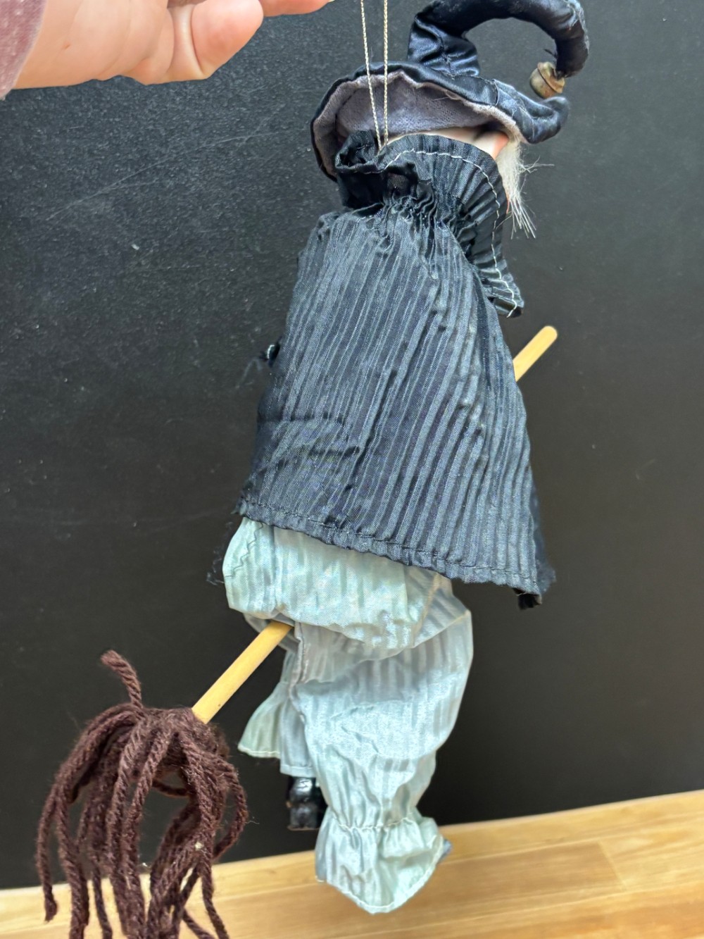 Vintage Kitchen Witch Doll Hand Painted Ceramic Poseable Halloween Broom 13 Inch