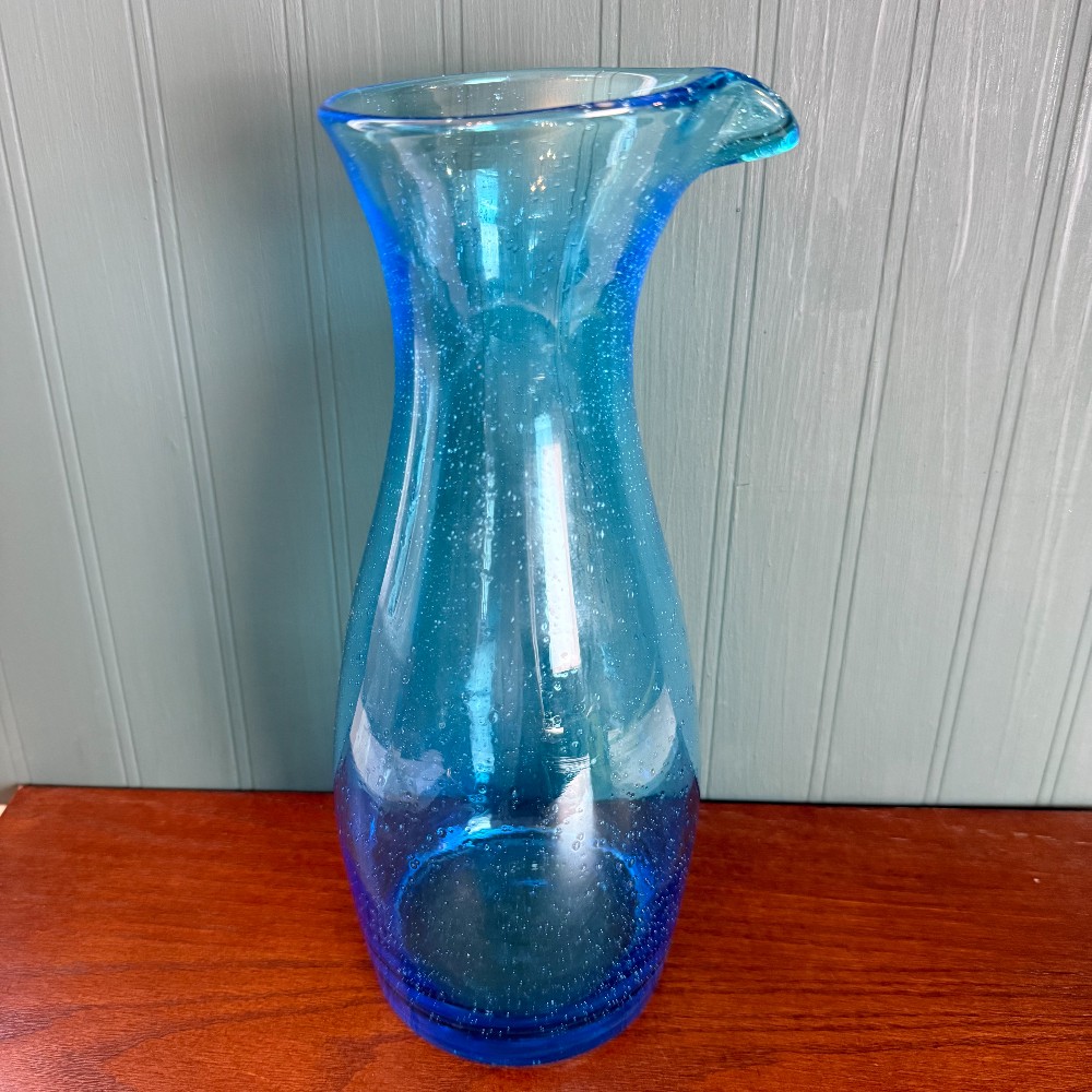 Blue Bubble Glass Carafe with Pinched Spout