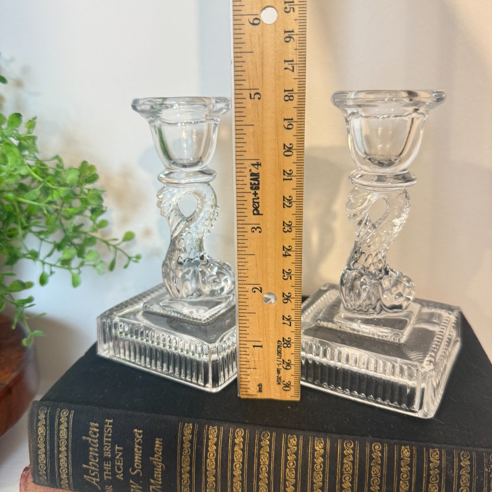 Pressed Glass Dolphin Candlestick Holders, Pair
