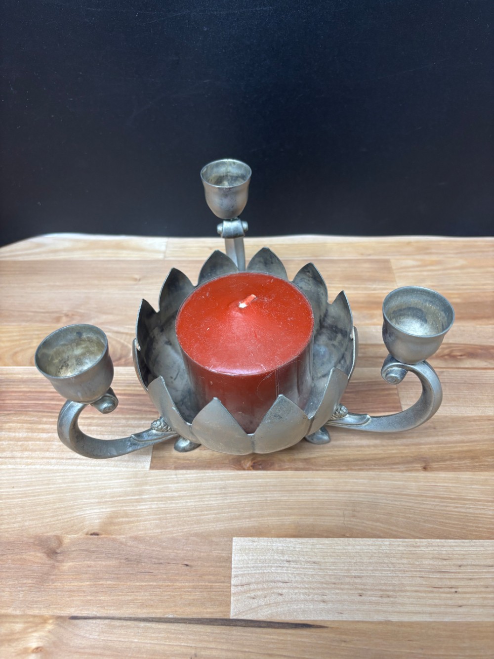 Candle Holder 3 Arm Lotus Flower Centerpiece Vintage Silverplate Hong Kong With Candle