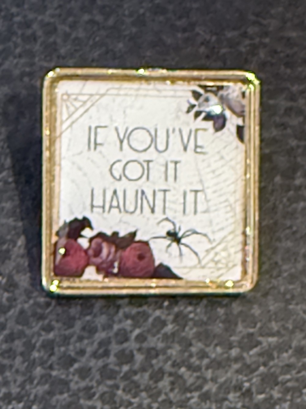 Brooch Pin - Gold Medallion with If You've got it haunt it with a spider and roses