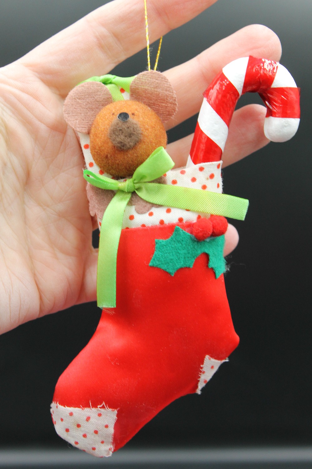Vtg fabric mouse in stocking Christmas ornament