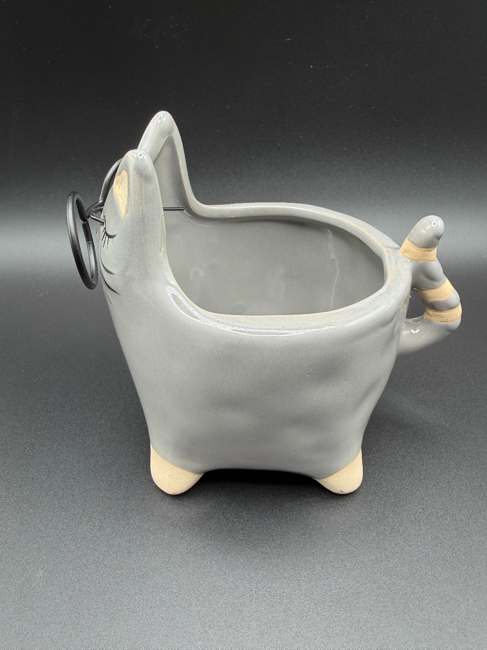 Modern Gray Ceramic Cat Planter with Metal Wire Glasses