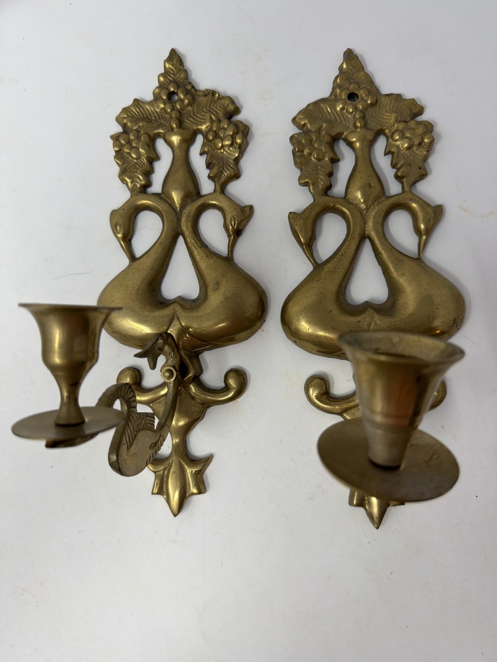 Vtg Brass Art Nouveau Double Swan Sconces