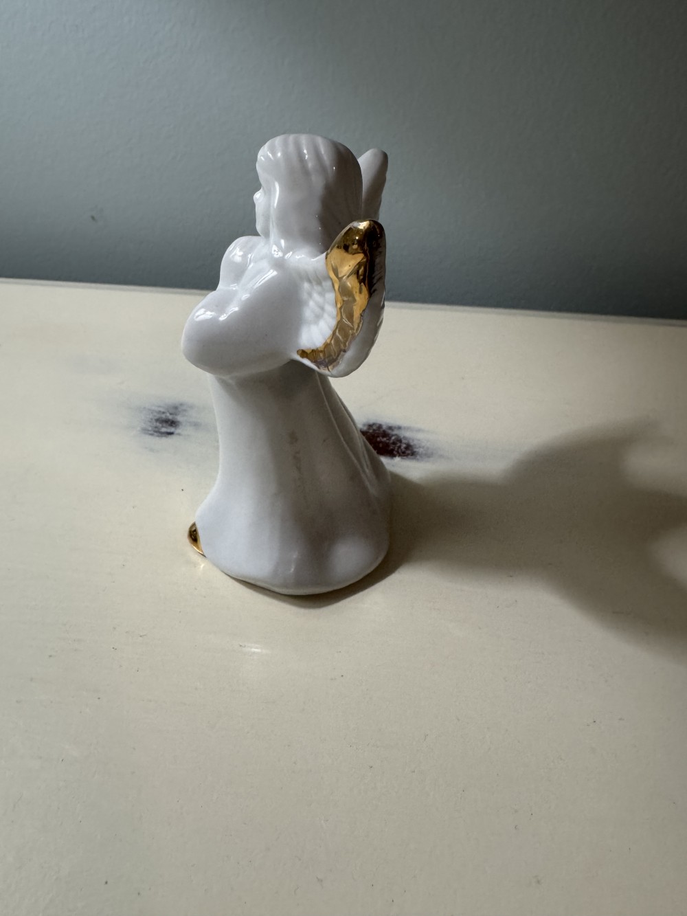 PORCELAIN PRAYING ANGEL BELL, WHITE/GOLD TRIM