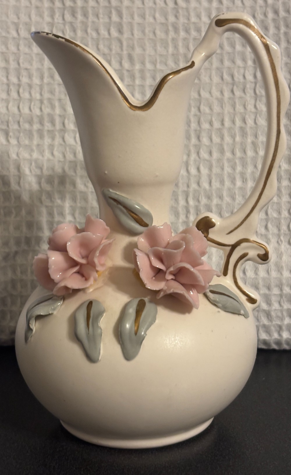 Porcelain ivory pitcher w/applied 3D flowers leaves & gold trim