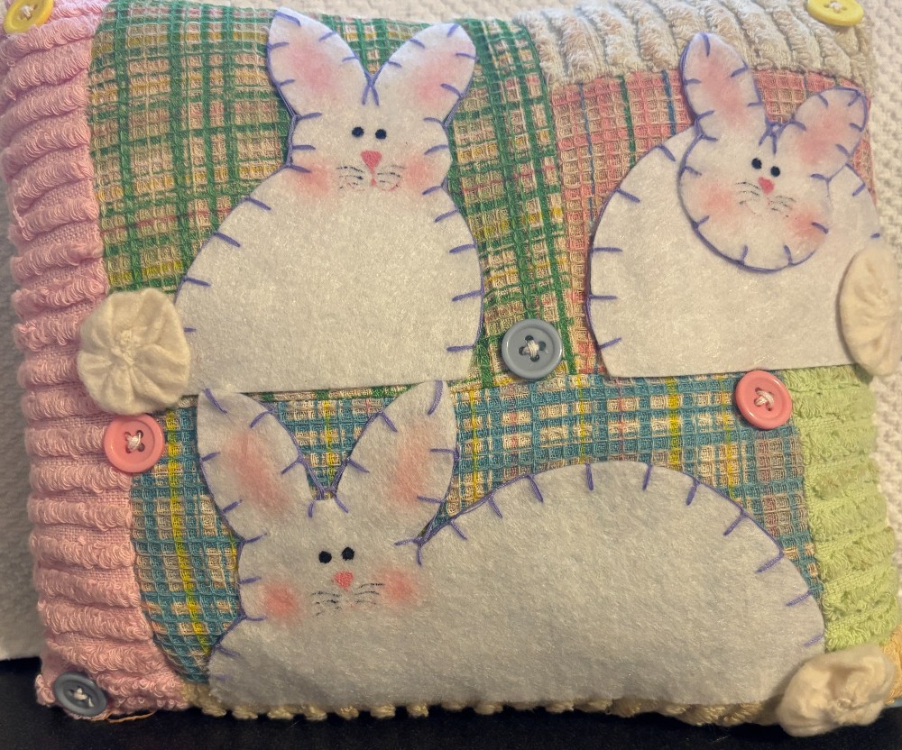 Easter pillow 3 white bunnies on patch work chenille back