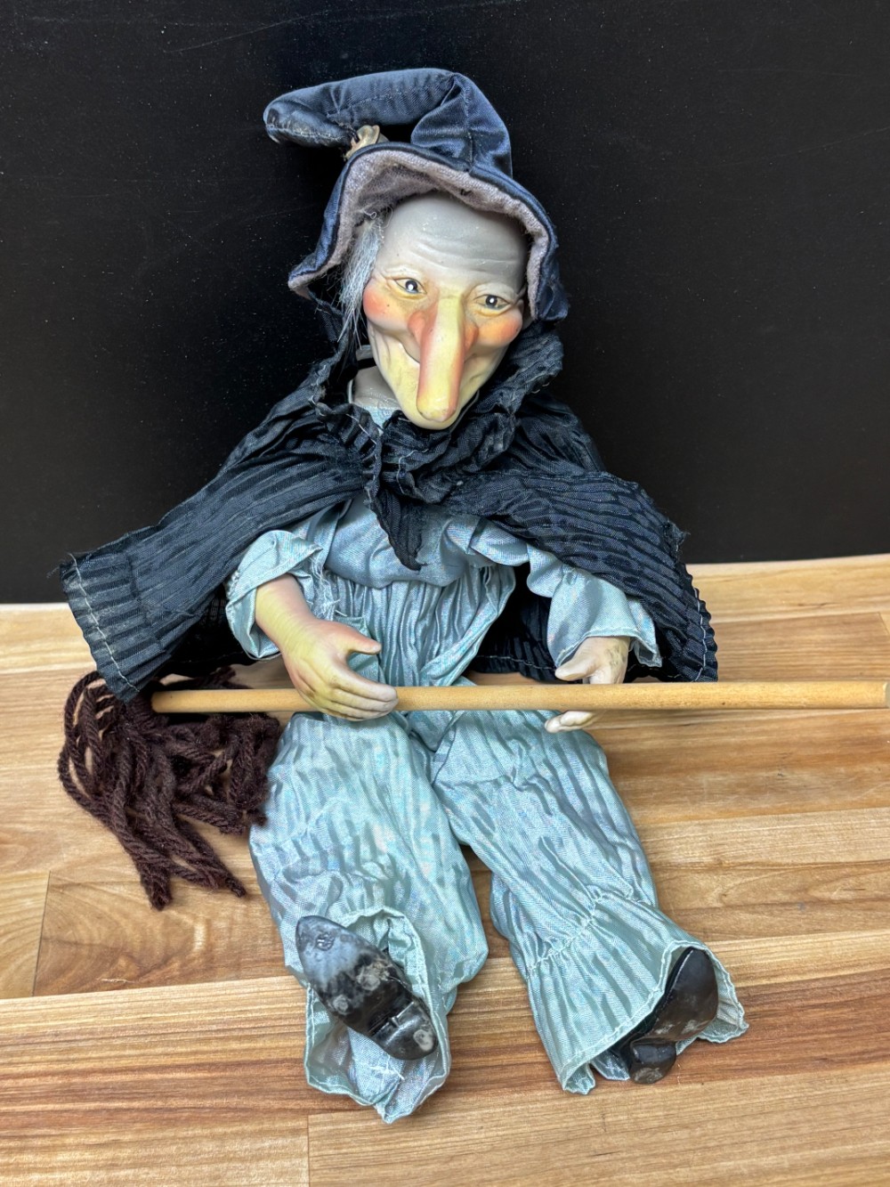 Vintage Kitchen Witch Doll Hand Painted Ceramic Poseable Halloween Broom 13 Inch
