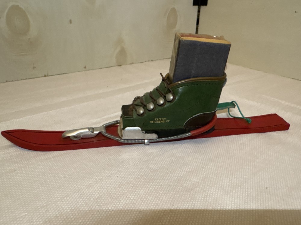 Austrian Leather Ski Boot Match Holder with Matches & Ski Pole- Vintage