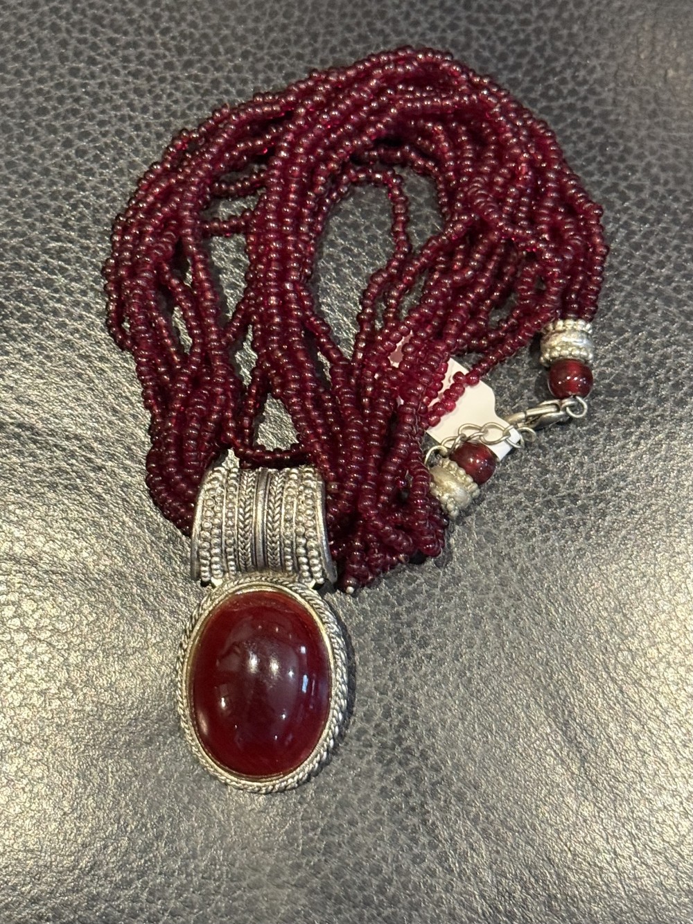 Necklace - Burgandy Glass Beads with Oval Pendant