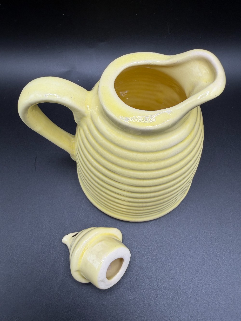 Vintage 1950s Yellow Ceramic Beehive Honey Pot Syrup Pitcher with Lid