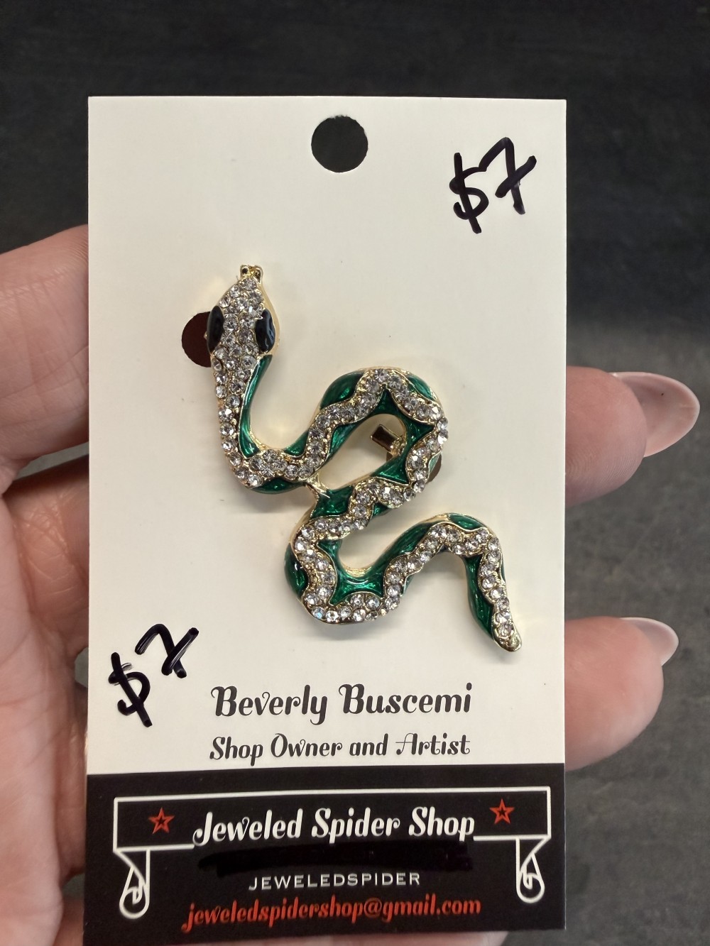 Brooch Pin - Snake, Serpent in Gold Green Rhinestones