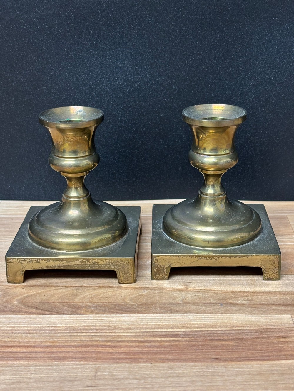 Brass Candlestick Holders Pair Square Base Footed Taper Candle Holders