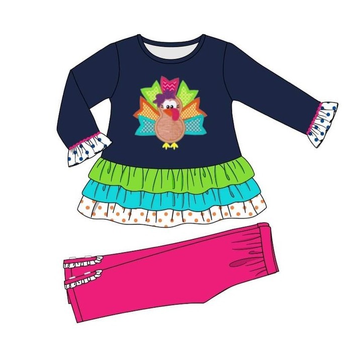 Navy Brights Turkey Ruffled Pant Set