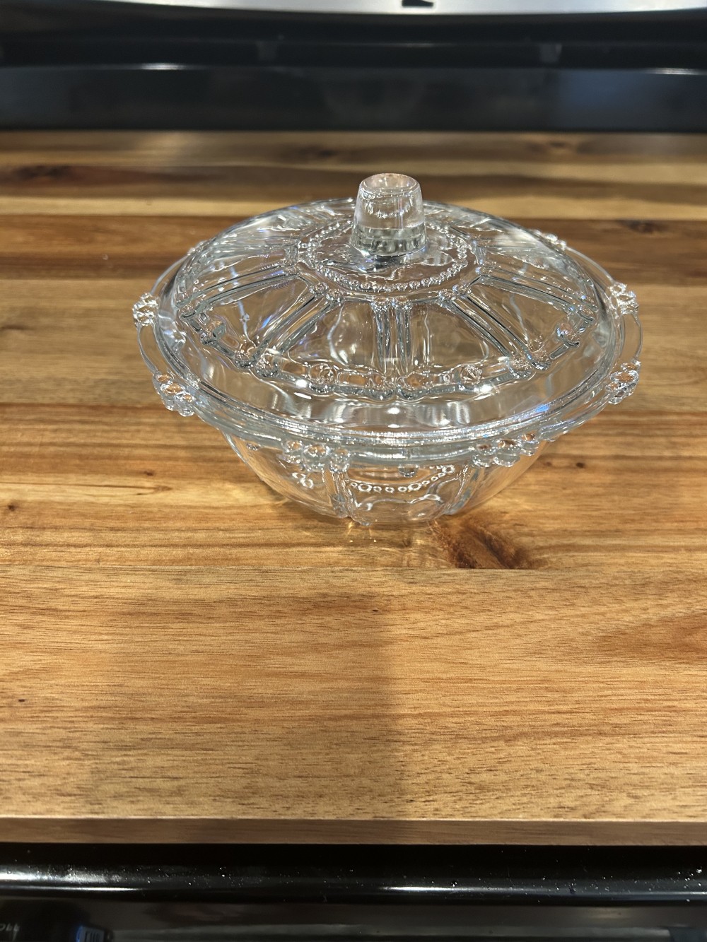 Vintage KIG Indonesia glass candy dish, featuring a distinct oyster pearl pattern with beaded accents