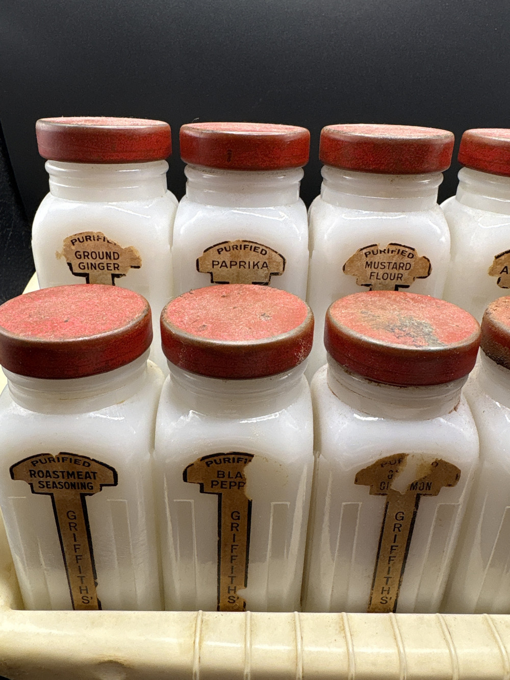 Griffiths Milk Glass 12 Spice Jars With Rack - Vintage