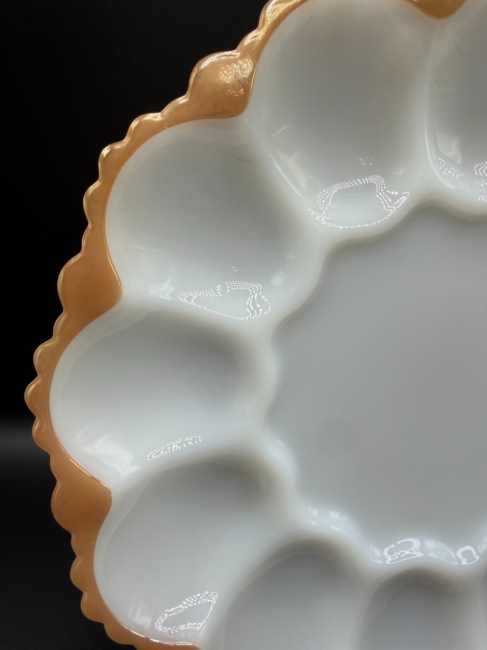 Vintage Fire-King Milk Glass Deviled Egg Plate Peach Lustre Rim 10 Inch Anchor Hocking