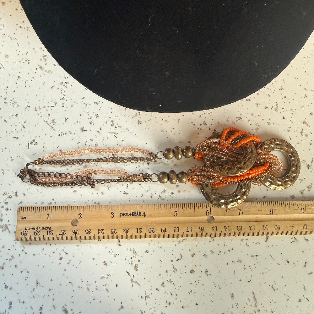 Hammered Gold Tone Ring And Orange Bead Statement Necklace