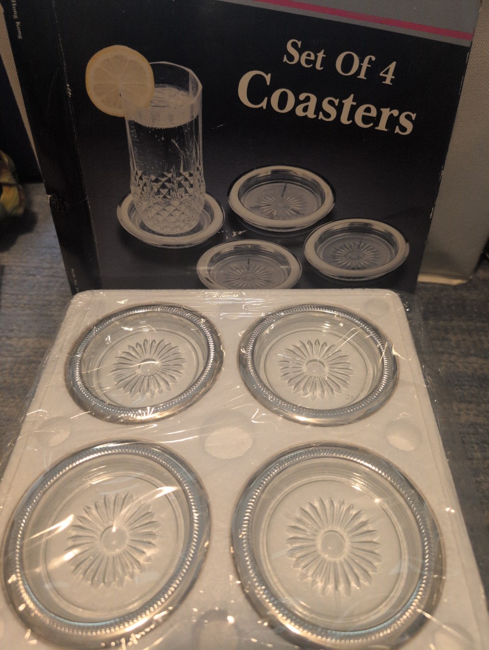 Vintage crystal coasters, silver plated rim, new in box