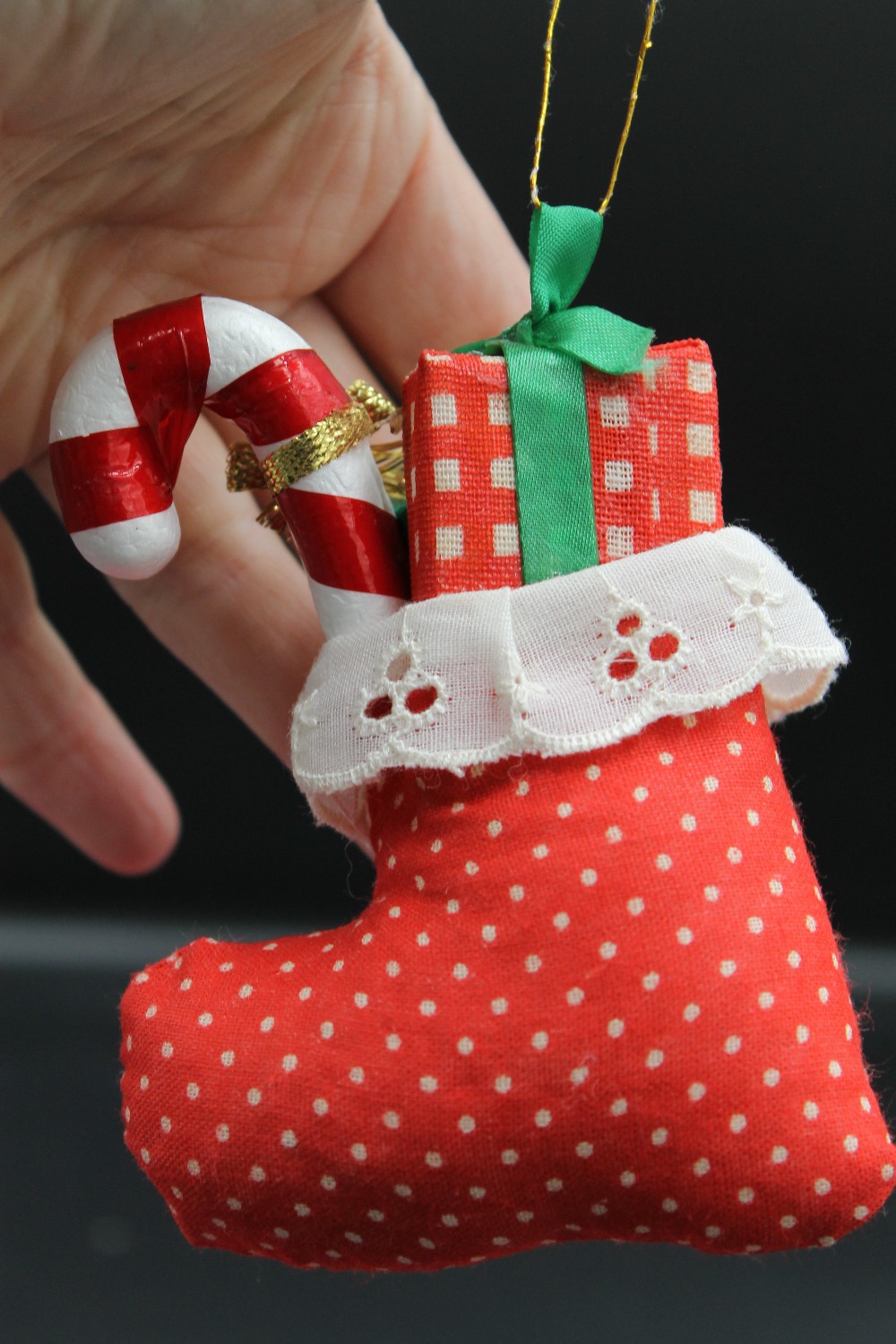 Vtg fabric elf in stocking ornament