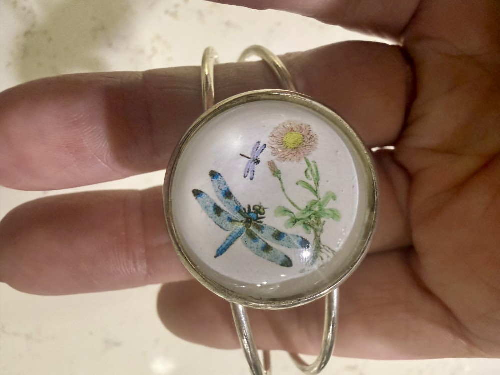 Cuff Bracelet BlueDragonFly Sunflower Silver