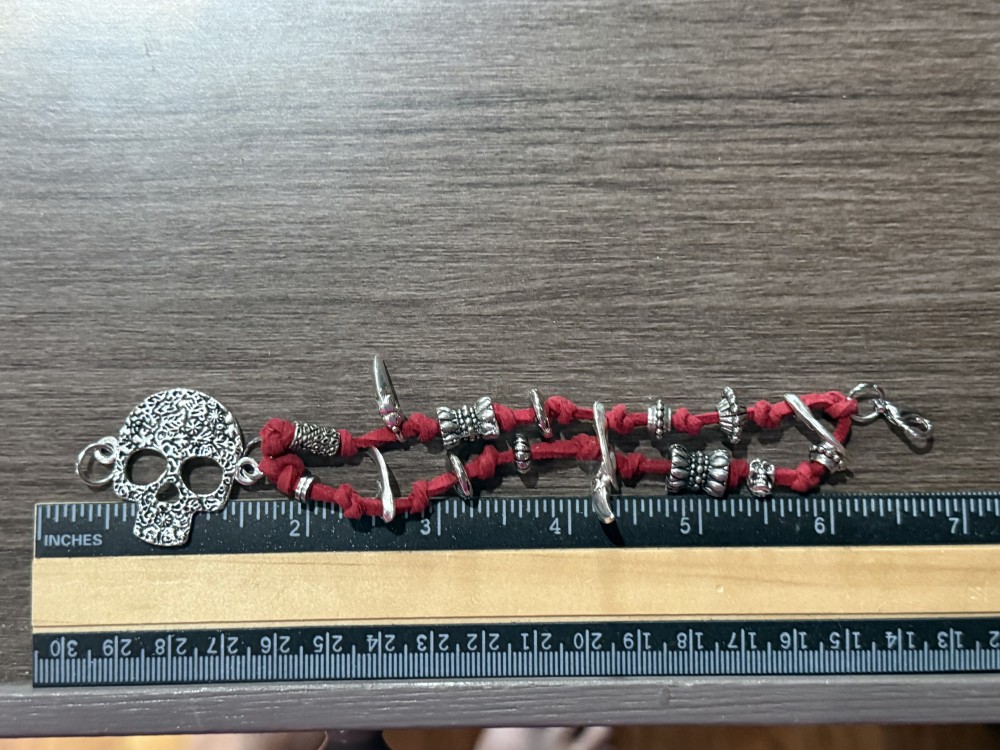 Bracelet - Silver skull Red leather bead accents