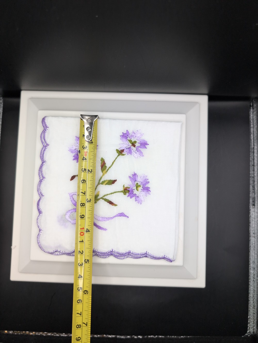 Handkerchief embroidered purple flowers/bow
