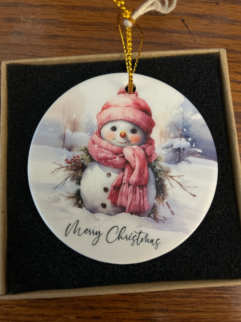 Pink Snowman Watercolor Ornament - NIB