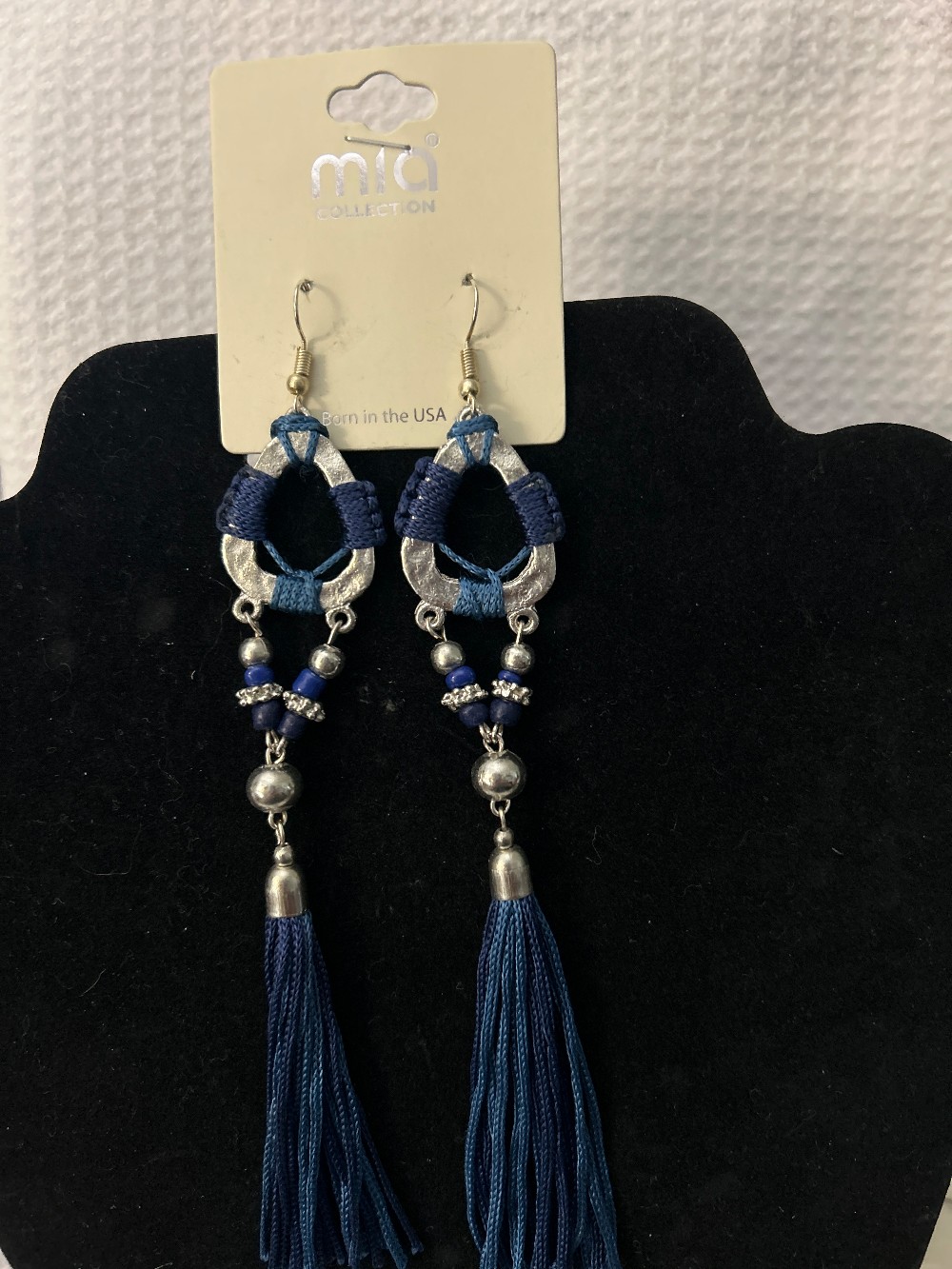 Boho Navy Blue Thread Wrapped Hoop Long Tassel Drop Earrings NWT