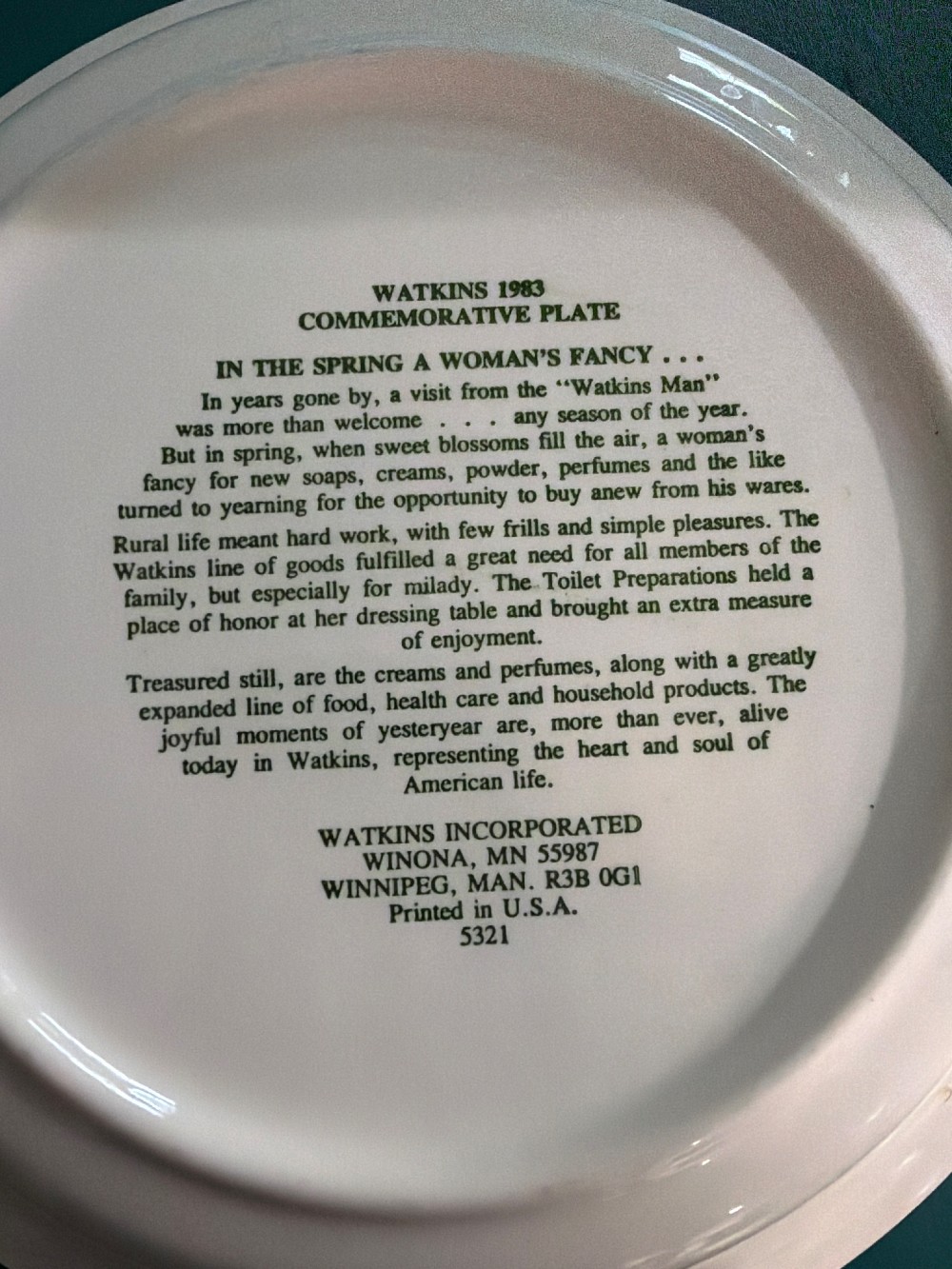Watkins 1983 Commemorative Plate