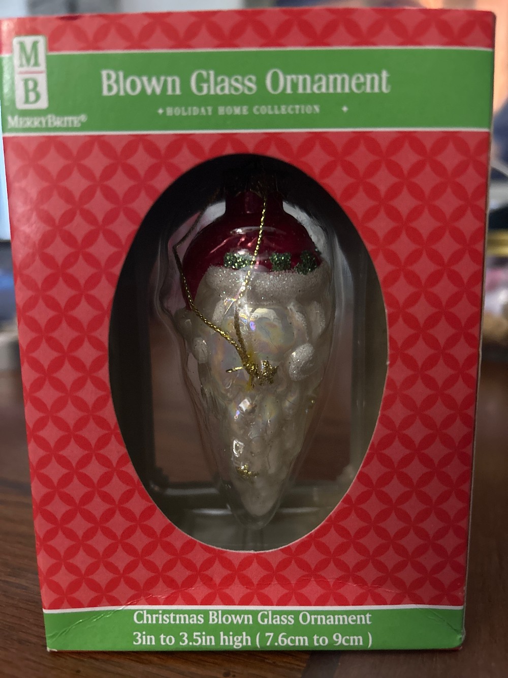 Vintage Merry Brite Glass Santa Ornament | Holiday Home Collection Blown Glass Face | Red Gold Glitter Father Christmas NIB