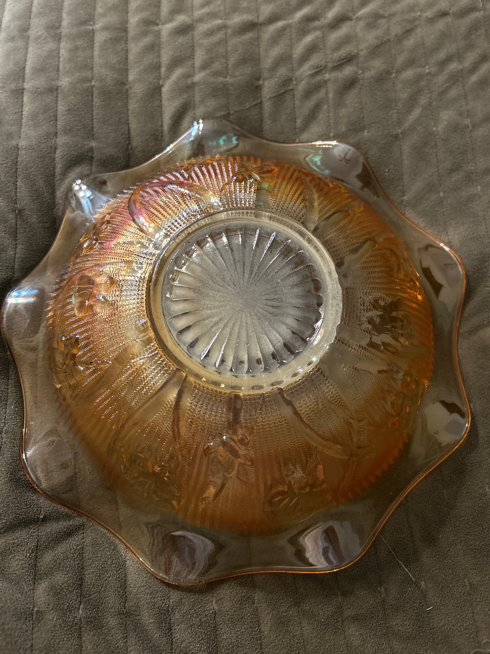 Vintage Jeannette Iris and Herringbone Bowl | Marigold Carnival Glass Serving Dish | Iridescent Ruffled Antique Glassware