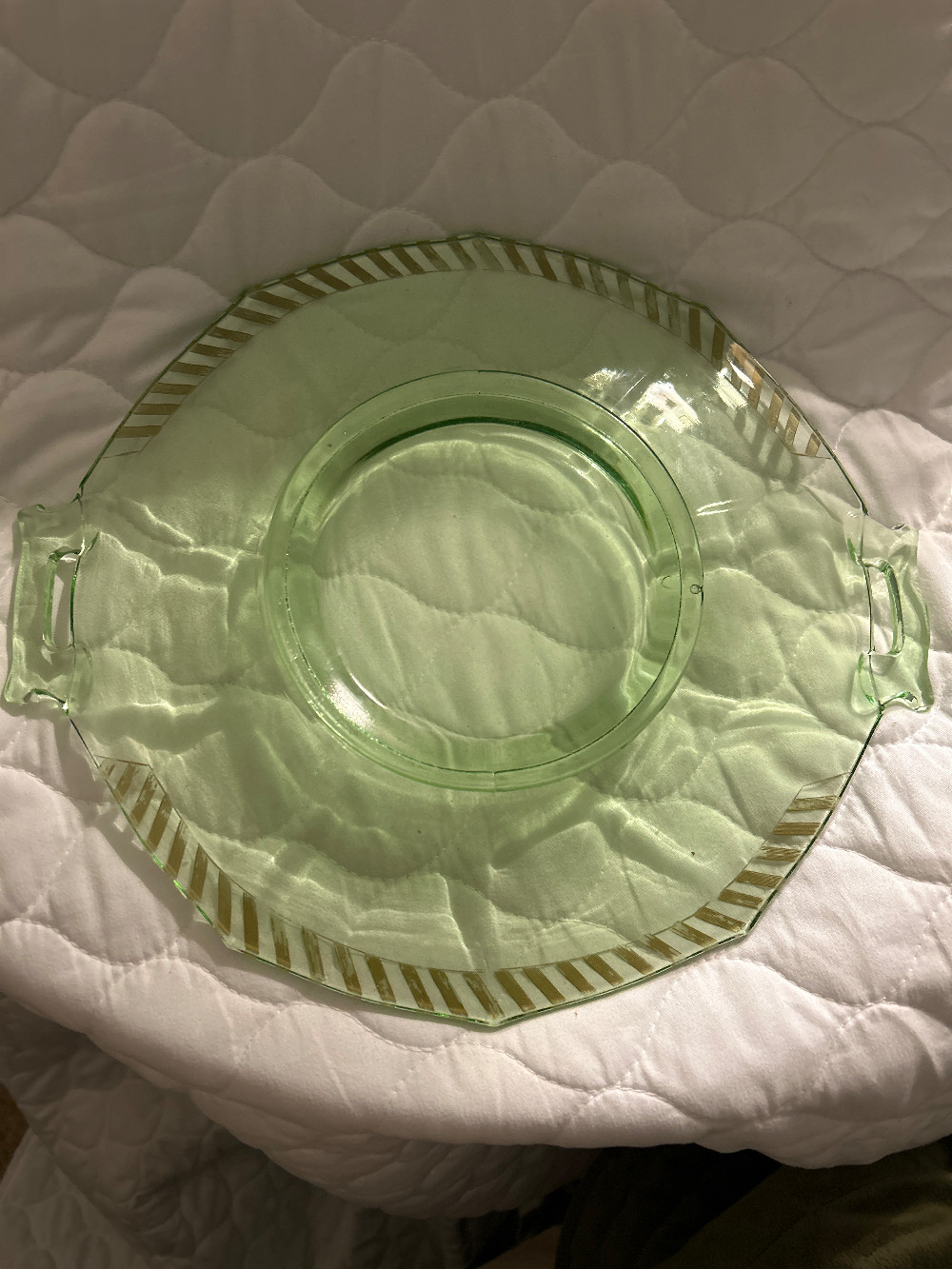 Vintage Heisey Octagon Moongleam Platter | Green Uranium Glass Double Handled Cake Plate | Art Deco Gold Stripe Trim