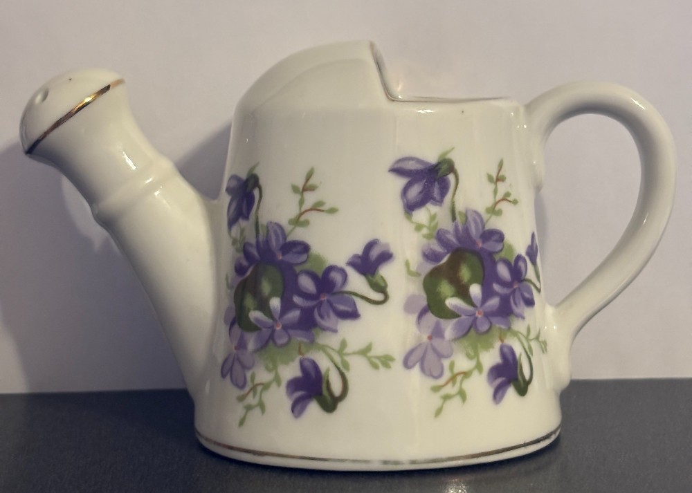Porcelain white w/violets & gold trim watering can