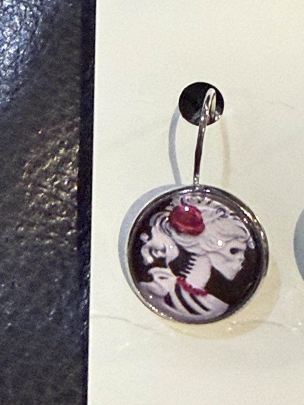 Earrings - Female Skull Profile w Rose Cameo Round, Day of the Dead