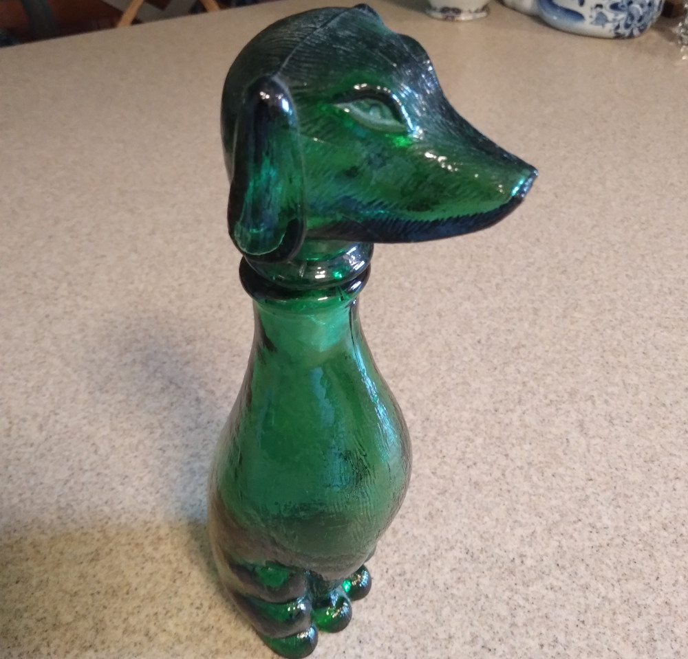 Green Glass Textured Dog Decanter Bottle As Is