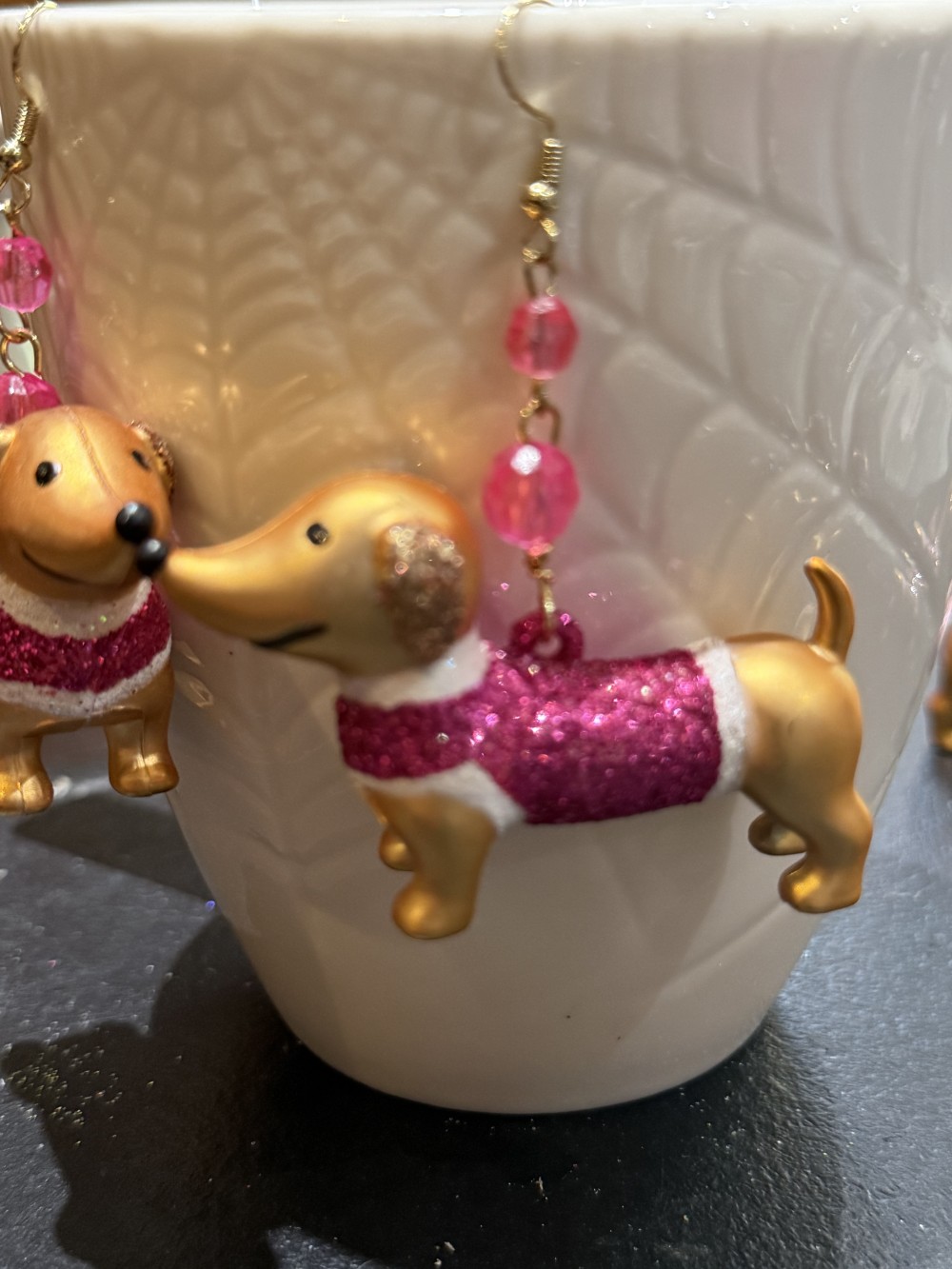 Earrings - Dachshund in Hot Pink Glittered Sweater, Doxie, Dog