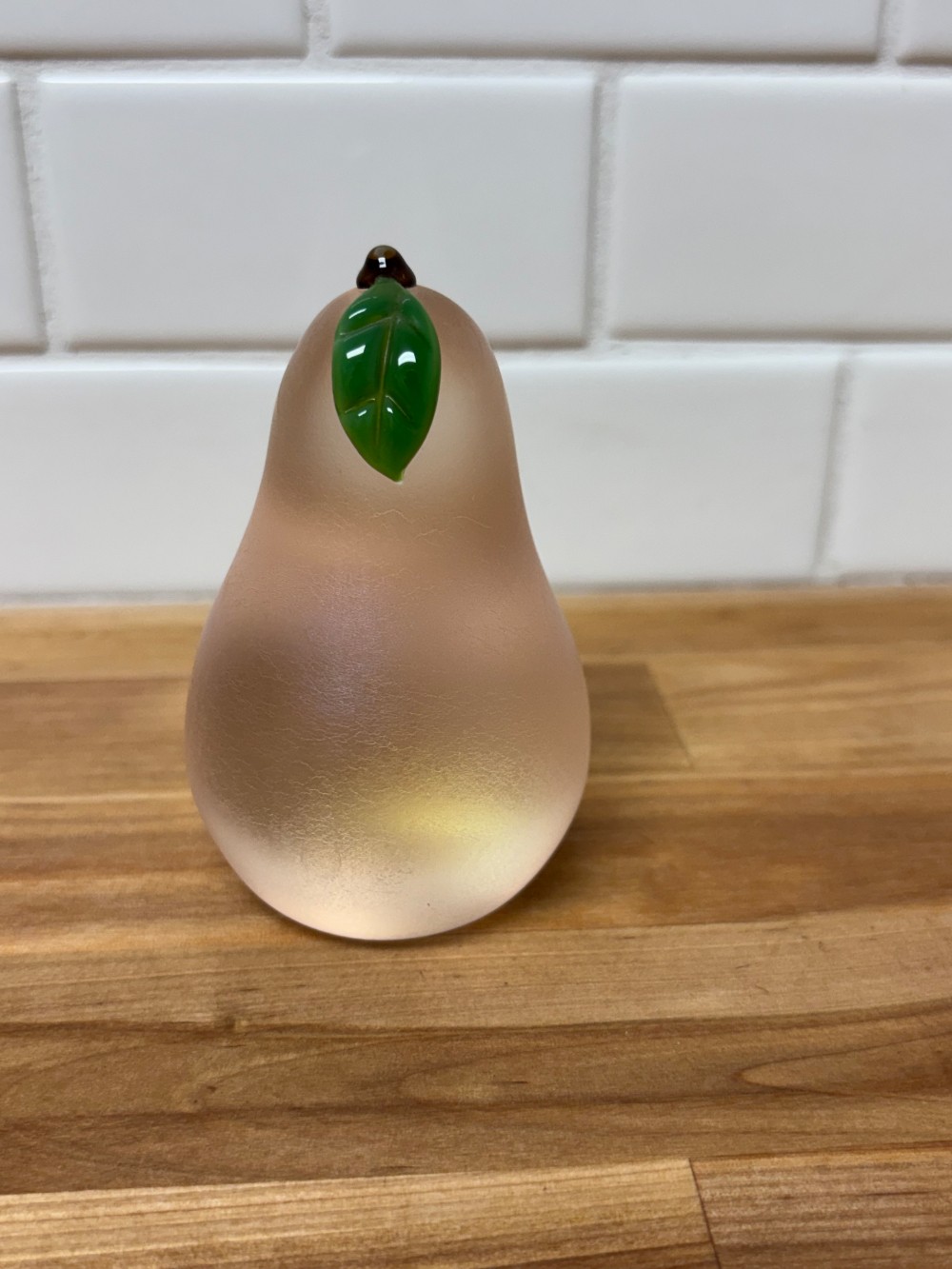 Orient & Flume Pear Paperweight Satin Art Glass Pink Frosted Signed Chico CA USA
