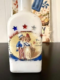 Antique Apothecary Hazel Atlas Milk Glass Bottle Decorated for July 4th Decor