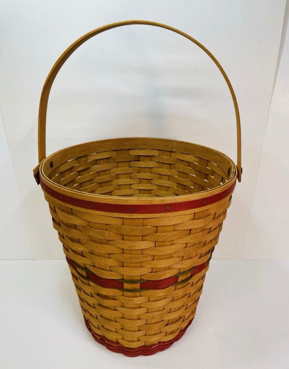 Basket Longaberger 1991 Handwoven Waste Basket Red & Green Accent Signed Weaver 13 Inches