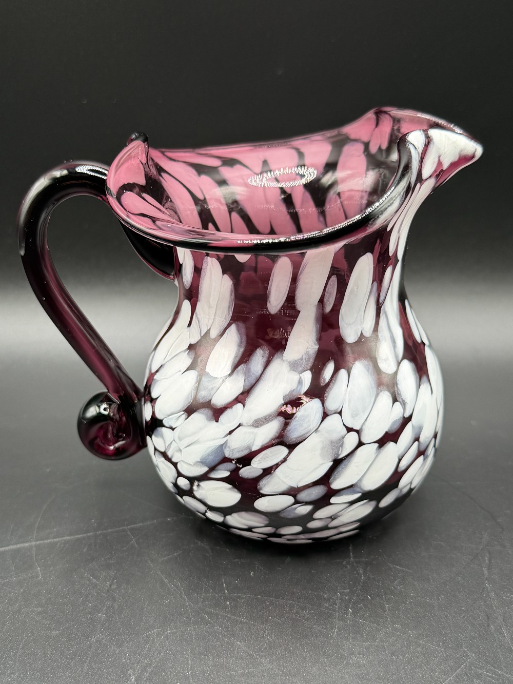 Vintage Amethyst Purple & White Spatter Art Glass Pitcher - Ruffled Rim