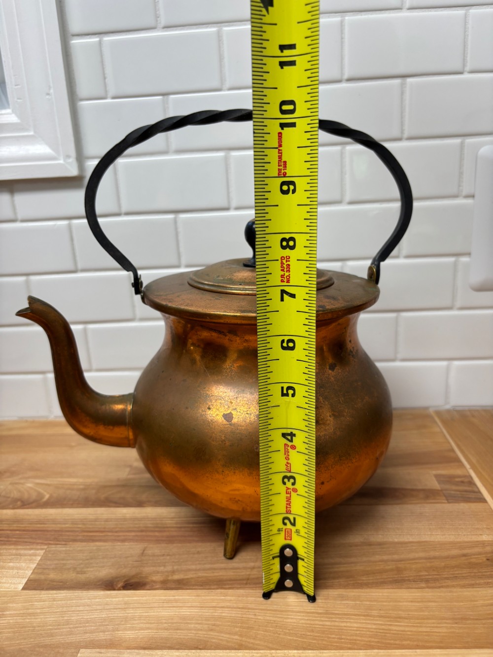 Copper Tea Kettle MCM Hammered Footed Wrought Iron Handle Vintage Unmarked