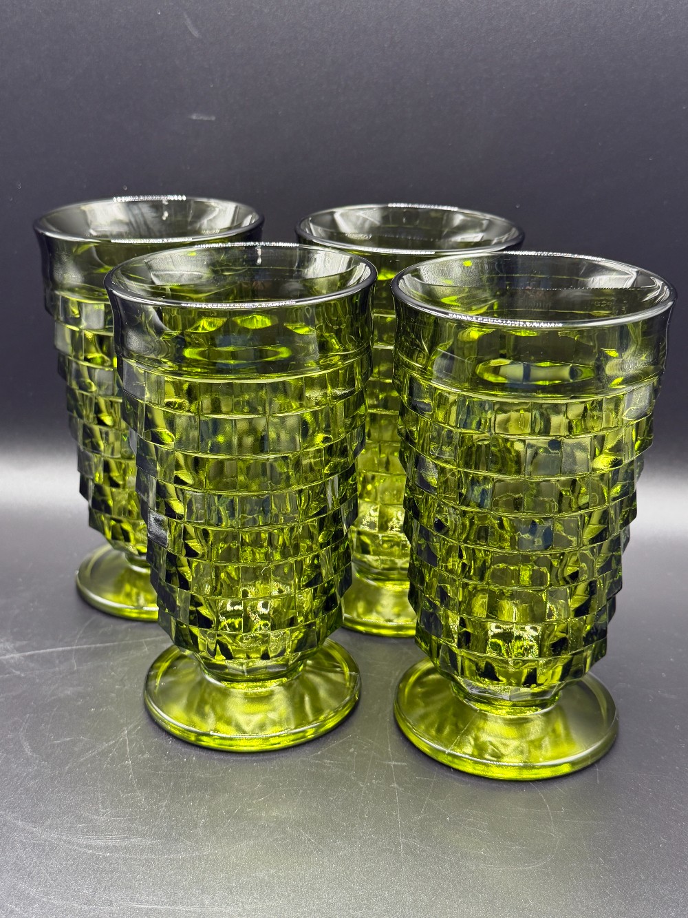 Vintage Indiana Glass Whitehall Avocado Green Cubist Footed Tumblers - Set of 4