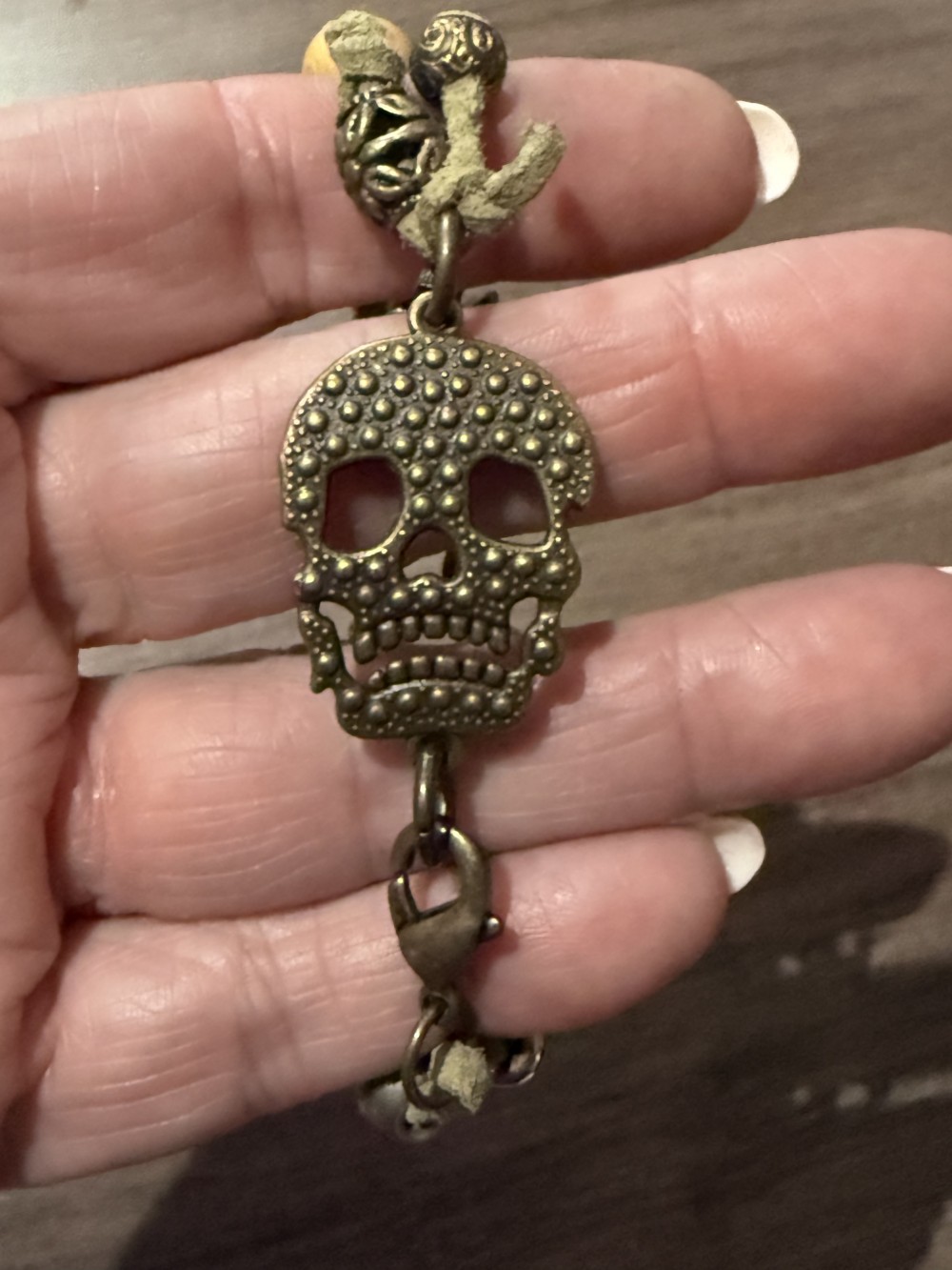 Bracelet - Bronze skull tan leather bead accents